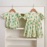 Summer Girls Green Floral Pattern Square Neck Onesies And Girls’ Dress – Princess Sister Matching Set - MyKids-USA™