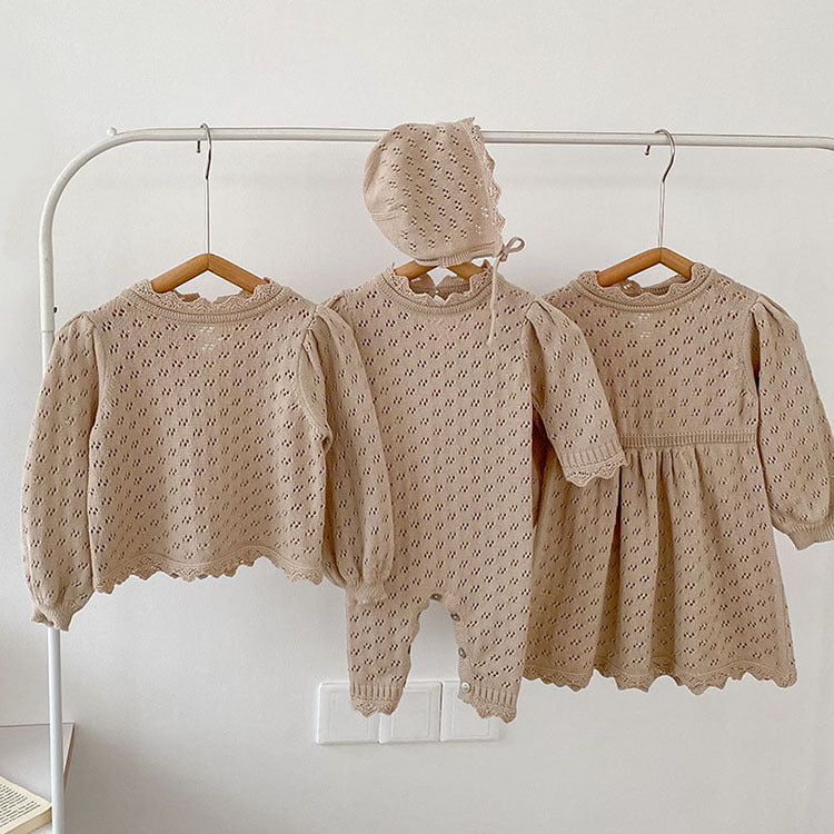 Design Autumn Solid Color Baby Kids Girls Ruffle Neck Hollow-out Pattern Onesies, Dress and Top Shirt – Princess Sister Matching Set - MyKids-USA™