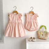 Summer Baby Girls French-style Butterfly-Bows Embroidery Pattern Sleeveless Onesies and Dress – Princess Sister Matching Set