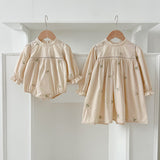 New Arrival Autumn Floral Embroidery Pattern Baby Kids Girls Lace Trim Neck Onesies And Dress – Princess Sister Matching Set