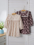Spring and Autumn Floral Print Long-sleeved Dress with Lace Collar for Stylish Girls