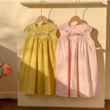 Summer Arrival Baby Kids Girls Cute Sleeveless Sweet Flowers Embroidered Dress