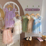 Summer Baby Kids Girls Sleeveless Floral Embroidered Mesh Design Off Shoulder Strap Dress
