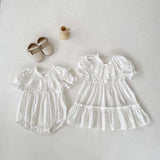 New Arrival Summer Baby Kids Girls Hollow Out Collar Short Sleeves Solid Color Floral Embroidery Onesies And Dress – Princess Sister Matching Set