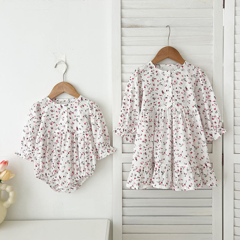Spring Baby Girls French-style Floral Print Long-sleeved Onesies and Dress – Princess Sister Matching Set - MyKids-USA™