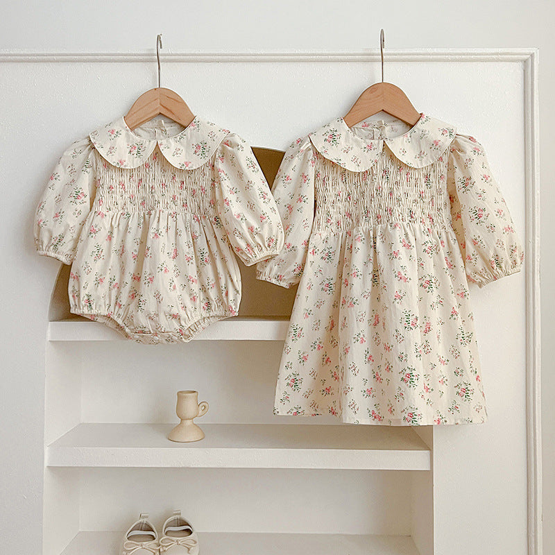 New Arrival Autumn Floral Print Baby Kids Peter Pan Collar Onesies And Girls’ Dress – Princess Sister Matching Set - MyKids-USA™