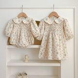 New Arrival Autumn Floral Print Baby Kids Peter Pan Collar Onesies And Girls’ Dress – Princess Sister Matching Set - MyKids-USA™