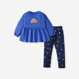 Spring And Autumn Girls Cute Rainbow Embroidery Pattern Long Sleeves Top Dress And Polka Dots Pants Clothing Set - MyKids-USA™
