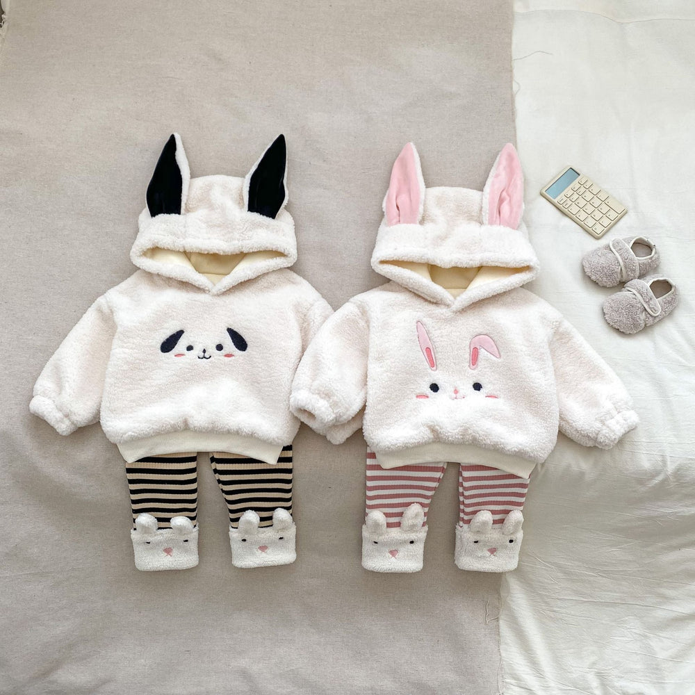 Winter Hot Selling Baby Unisex Long Sleeves Simple Rabbit Design Hooded Top Pullover and Striped Trousers Set - MyKids-USA™