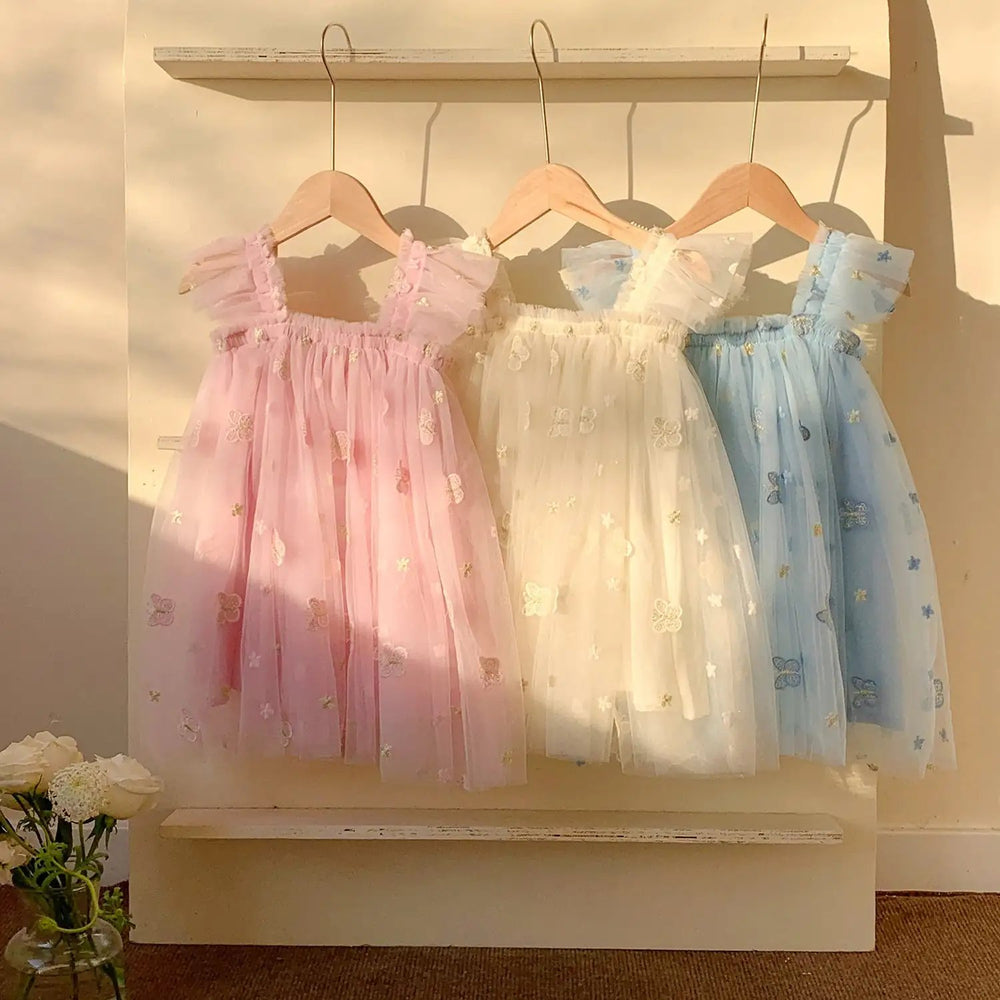 Summer Baby Kids Girls Sleeveless Butterfly Embroidered Mesh Design Off Shoulder Strap Dress - MyKids-USA™