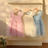 Summer Baby Kids Girls Sleeveless Butterfly Embroidered Mesh Design Off Shoulder Strap Dress - MyKids-USA™