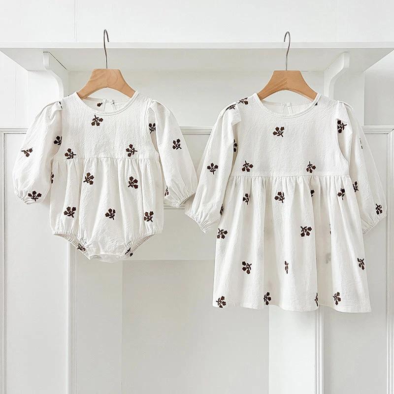 Spring Baby Girls Floral Embroidery Pattern Long-sleeved Onesies and Dress – Princess Sister Matching Set - MyKids-USA™
