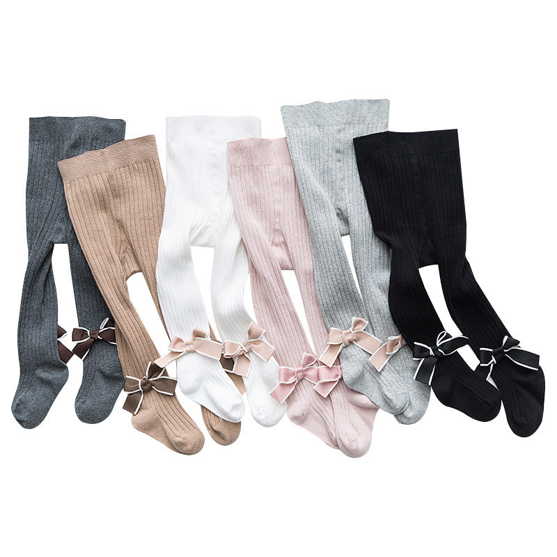 Baby Girls Kids Solid Color Striped Pattern Design Double Bows Pantyhose - MyKids-USA™