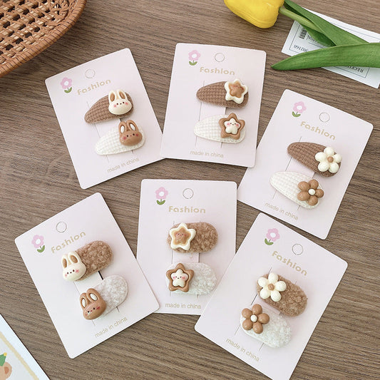 Cartoon Rabbit, Floral, And Star Hair Clip: Small Fabric And Plush Hair Accessory Set