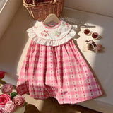 Summer Baby Kids Girls Cute Sleeveless Fruits Pattern Embroidered Plaid Dress - MyKids-USA™