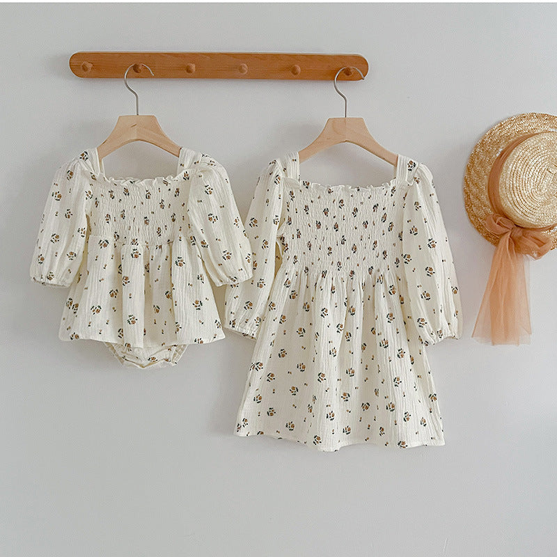 Floral Pattern Lantern Sleeves Princess Style Onesie And Dress - MyKids-USA™