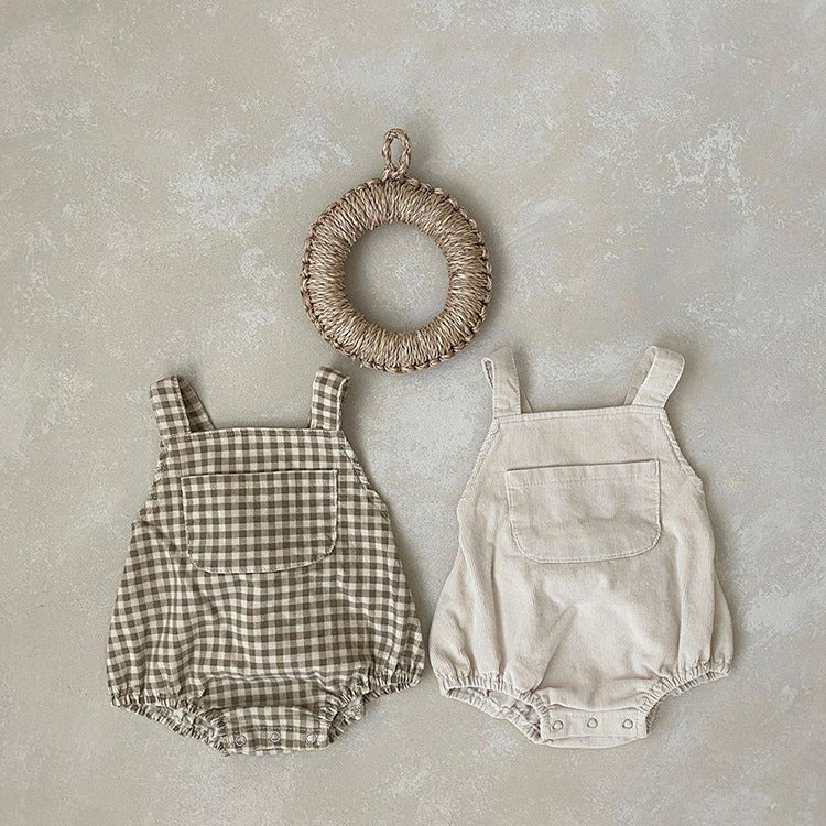 Baby Solid Color & Plaid Pattern Corduroy Fabric Strap Bodysuit - MyKids-USA™