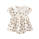 Baby Girls Cherry Print Doll Collar Design Neck Buttoned Puff-Sleeved Dress Onesies