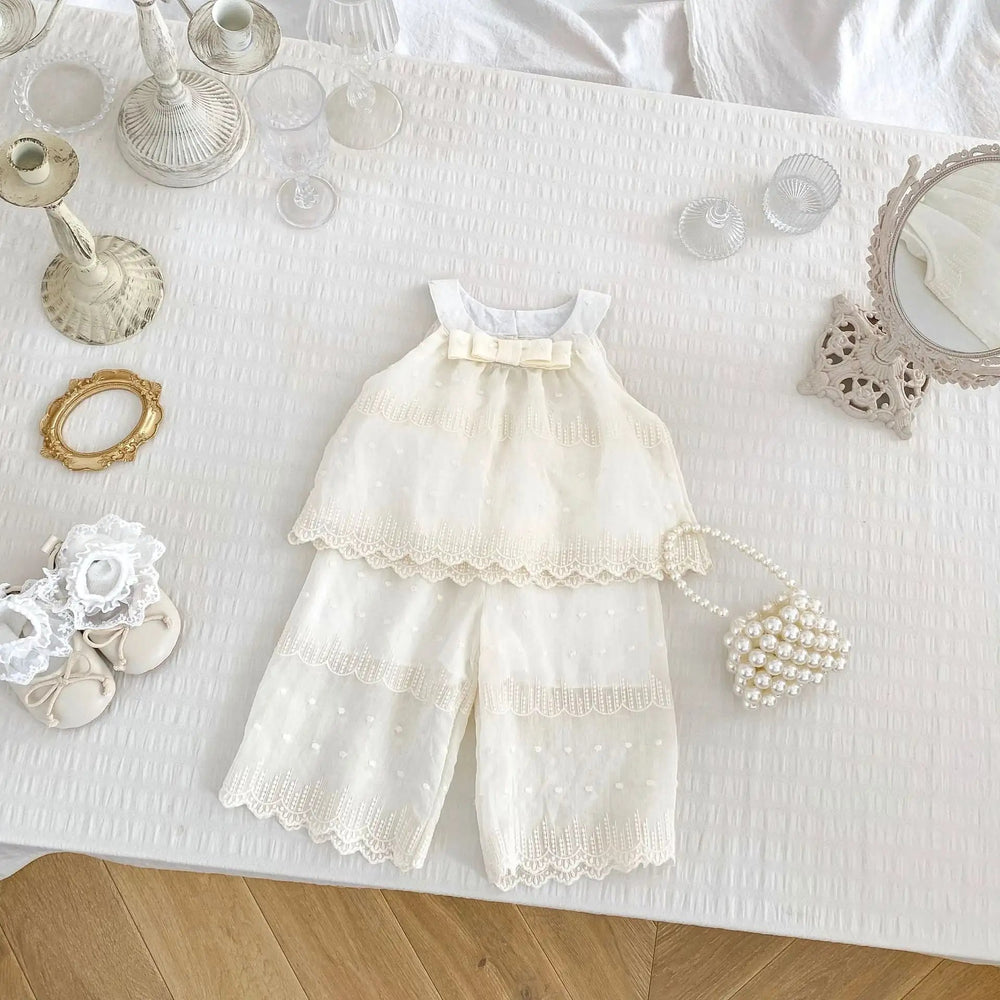 Summer Baby Kids Solid Color Sleeveless Dots Embroidery Pattern Top Dress and Pants Clothing Set for Girls - MyKids-USA™