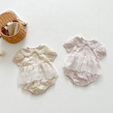 Baby Girl Floral Pattern Mesh Patched Design Princess Onesies Dress