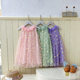 Summer Arrival Flowers Pattern Sleeveless Tulle Dress for Stylish Girls