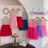 Summer Baby Kids Girls Sleeveless Simple Pattern and Mesh Patchwork Dress