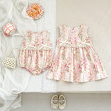 Summer Arrival Girls Cute Flowers Pattern Sleeveless Onesies and Dress – Princess Sister Matching Set