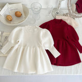 Baby Girl Solid Lantern-Sleeved Knitting Dress In Autumn - MyKids-USA™