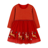 Girls’ European-American Style Santa Claus And Reindeer Embroidered Tulle Dress With Striped Pattern - MyKids-USA™