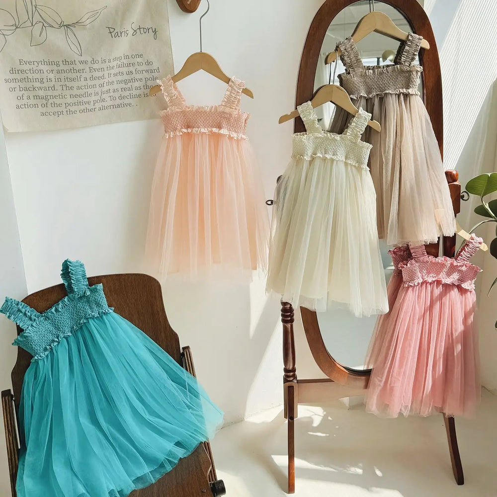 Summer Baby Kids Girls Sleeveless Solid Color Mesh Patchwork Design Off Shoulder Strap Dress - MyKids-USA™