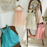 Summer Baby Kids Girls Sleeveless Solid Color Mesh Patchwork Design Off Shoulder Strap Dress - MyKids-USA™