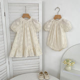 Summer Girls Solid Color Flowers Embroidery Short Sleeves Onesies and Girls’ Dress – Princess Sister Matching Set