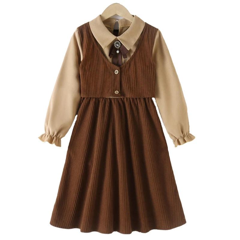 Preppy Corduroy Long Sleeves Turndown Collar Thin Dress - MyKids-USA™