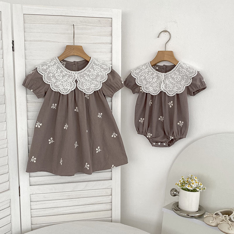 Summer Girls Simple Flowers Embroidery Pattern Short Sleeves Onesies and Girls’ Dress – Princess Sister Matching Set - MyKids-USA™