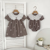 Summer Girls Simple Flowers Embroidery Pattern Short Sleeves Onesies and Girls’ Dress – Princess Sister Matching Set - MyKids-USA™