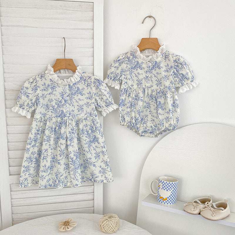 Summer Arrival Girls Cute Beautiful Flowers Pattern Short Sleeves Onesies and Dress – Princess Sister Matching - MyKids-USA™