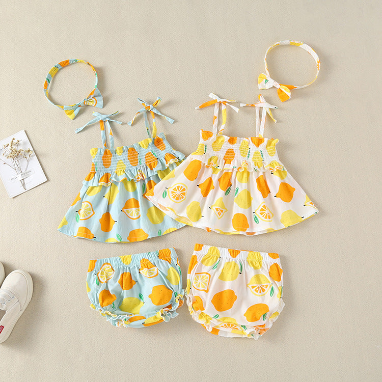 Baby Girl Lemon Fruit Print Sleeveless Dress Combo Short Pants In Sets - MyKids-USA™