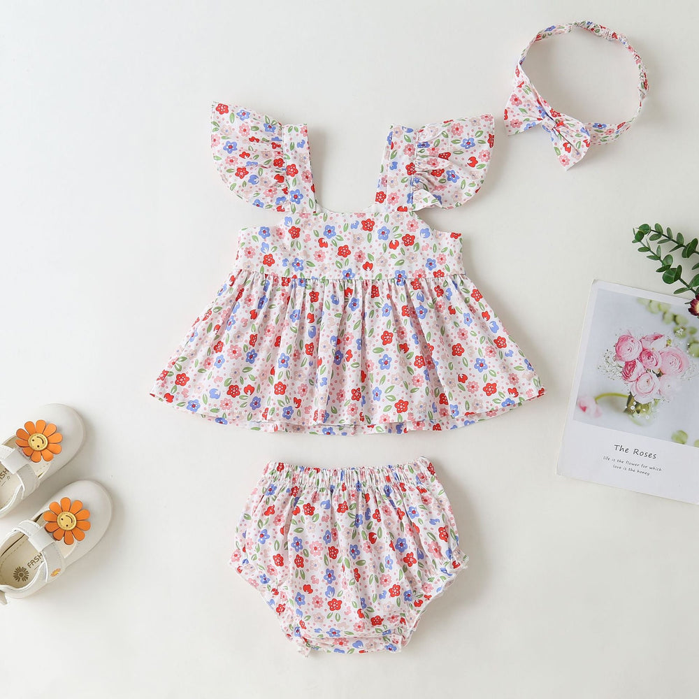 Baby Girl Little Floral Print Sleeveless Dress Combo Short Pants In Sets - MyKids-USA™