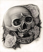 Black Market Art Company Aztec Skull & Roses Print