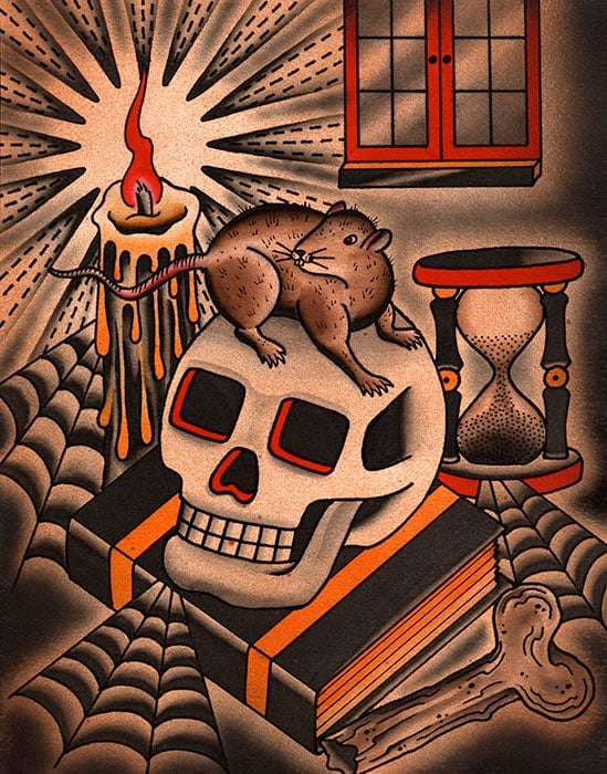Black Market Art Company Rat On Skull Print