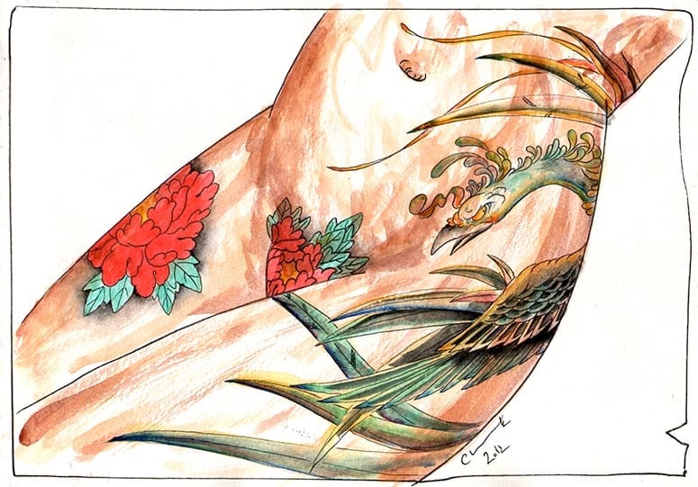 Black Market Art Company Lady Tattooed & Red Flowers & Hou-ou Print