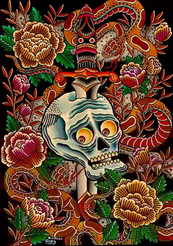 Black Market Art Company Scared Skull and Snakes Print
