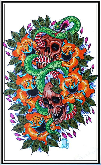 Black Market Art Company Skulls and Snake Print