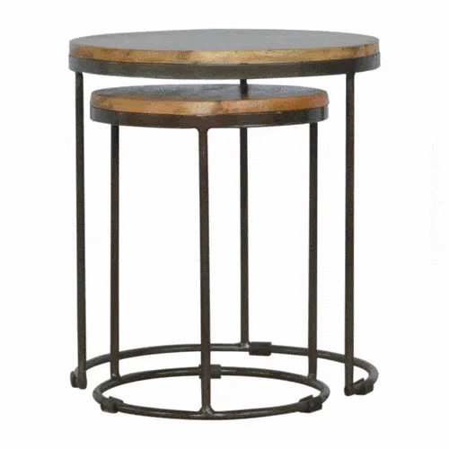 Round Stool Set of 2 with Iron Base - Artisan Furniture - Flyclothing LLC