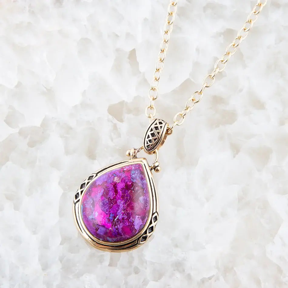 Purple Turquoise Teardrop Golden Pendant Necklace - Barse Jewelry - Flyclothing LLC