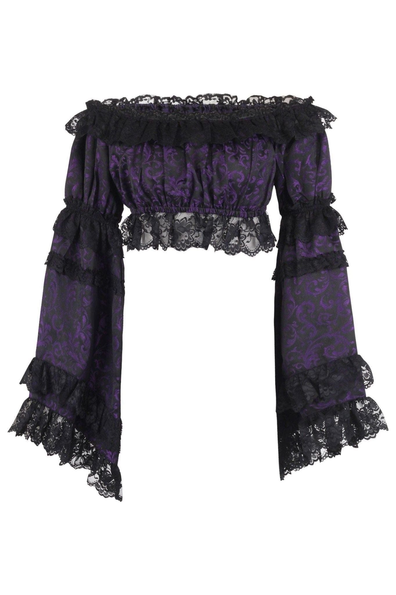 Daisy Corsets Purple/Black Brocade Smocked Flare Sleeve Peasant Top