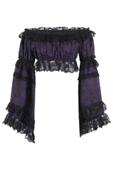 Daisy Corsets Purple/Black Brocade Smocked Flare Sleeve Peasant Top
