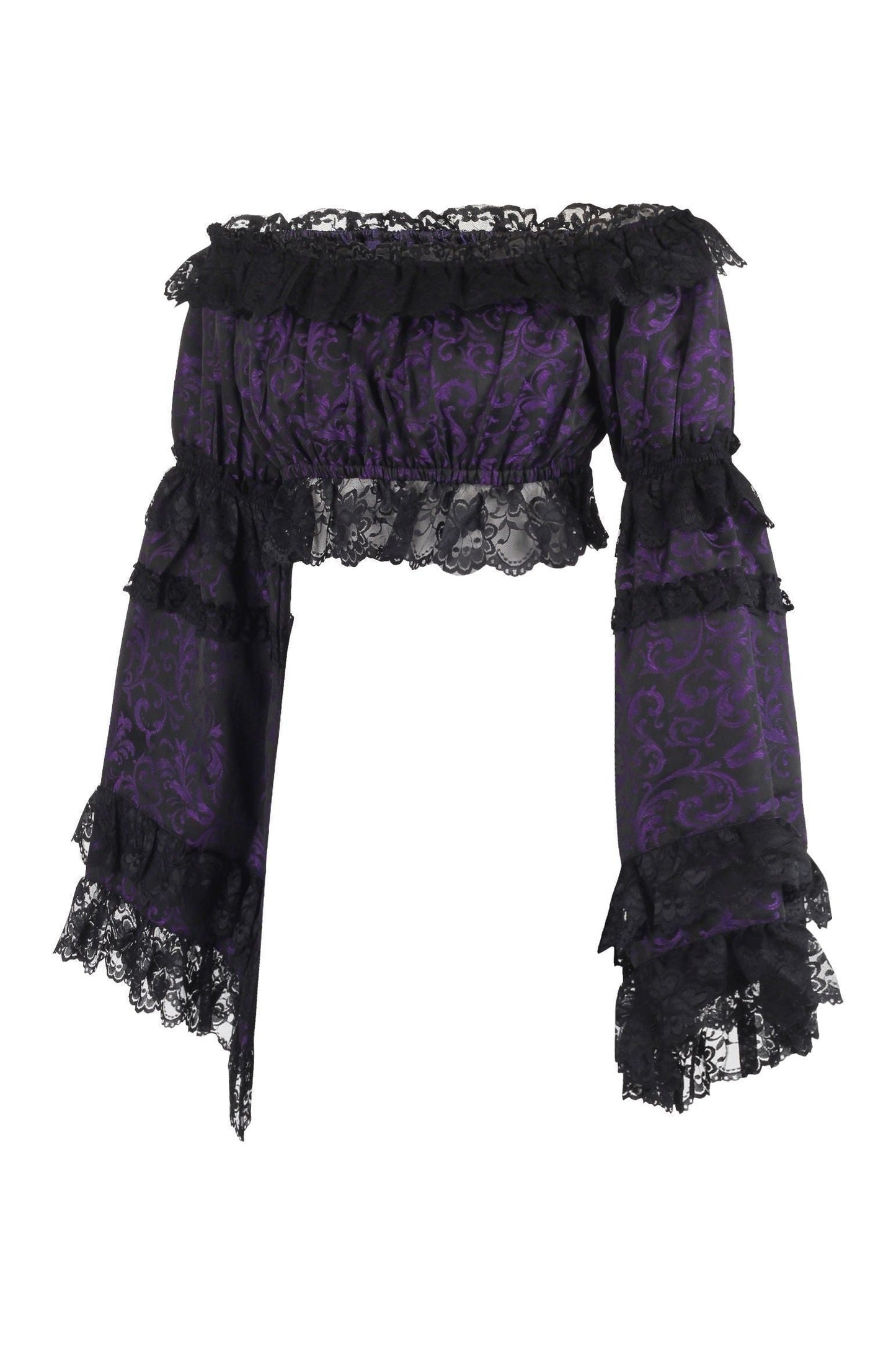 Daisy Corsets Purple/Black Brocade Smocked Flare Sleeve Peasant Top - Daisy Corsets