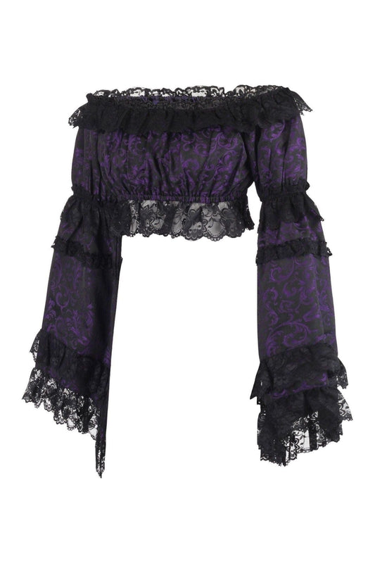 Daisy Corsets Purple/Black Brocade Smocked Flare Sleeve Peasant Top