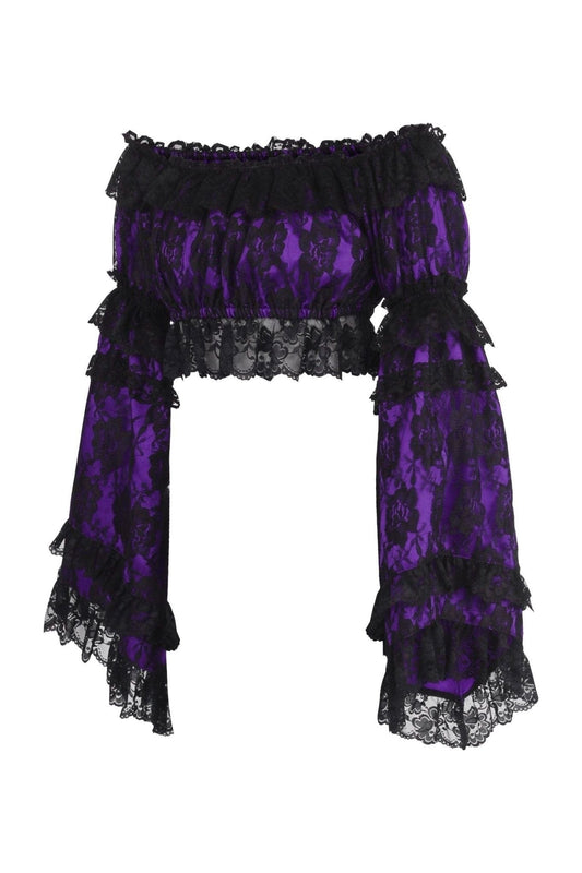 Daisy Corsets Purple/Black Lace Smocked Flare Sleeve Peasant Top